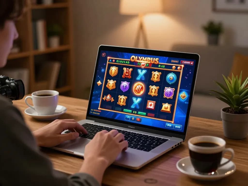 Play exciting olympus slot online with vibrant graphics in a cozy home gaming setup.