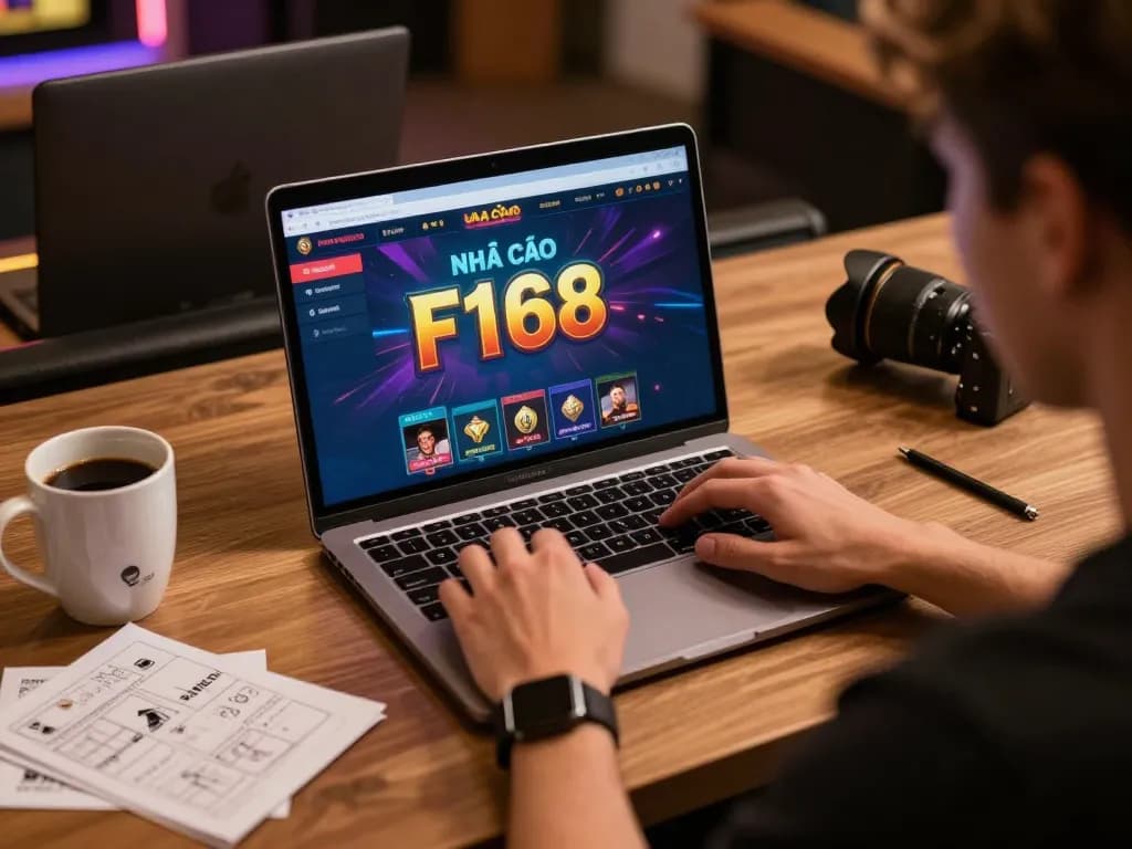 Engaging online gaming scene at NHÀ CÁI F168 with player focused on laptop.