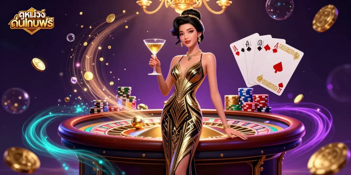 Experience ดูหนังออนไลน์ฟรี with stunning casino visuals featuring a glamorous woman and vivid game elements.