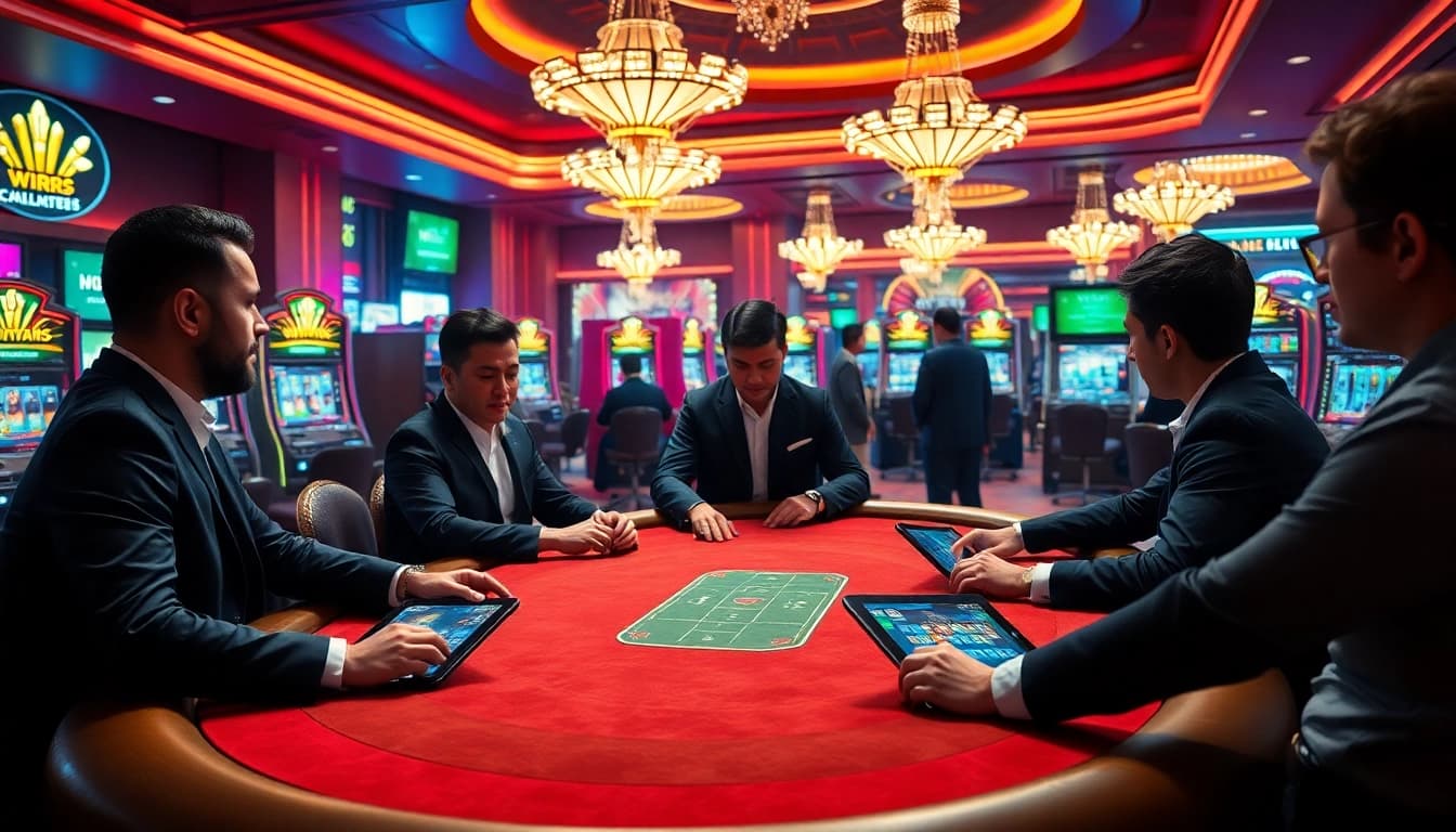 Engaging players at a viral88 poker table in a luxurious casino setting.