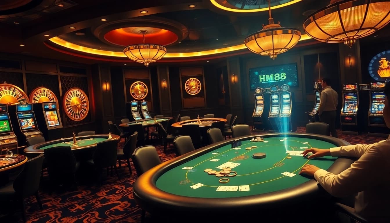 Experience the excitement of gambling at HM88 with high-stakes poker and vibrant casino visuals.