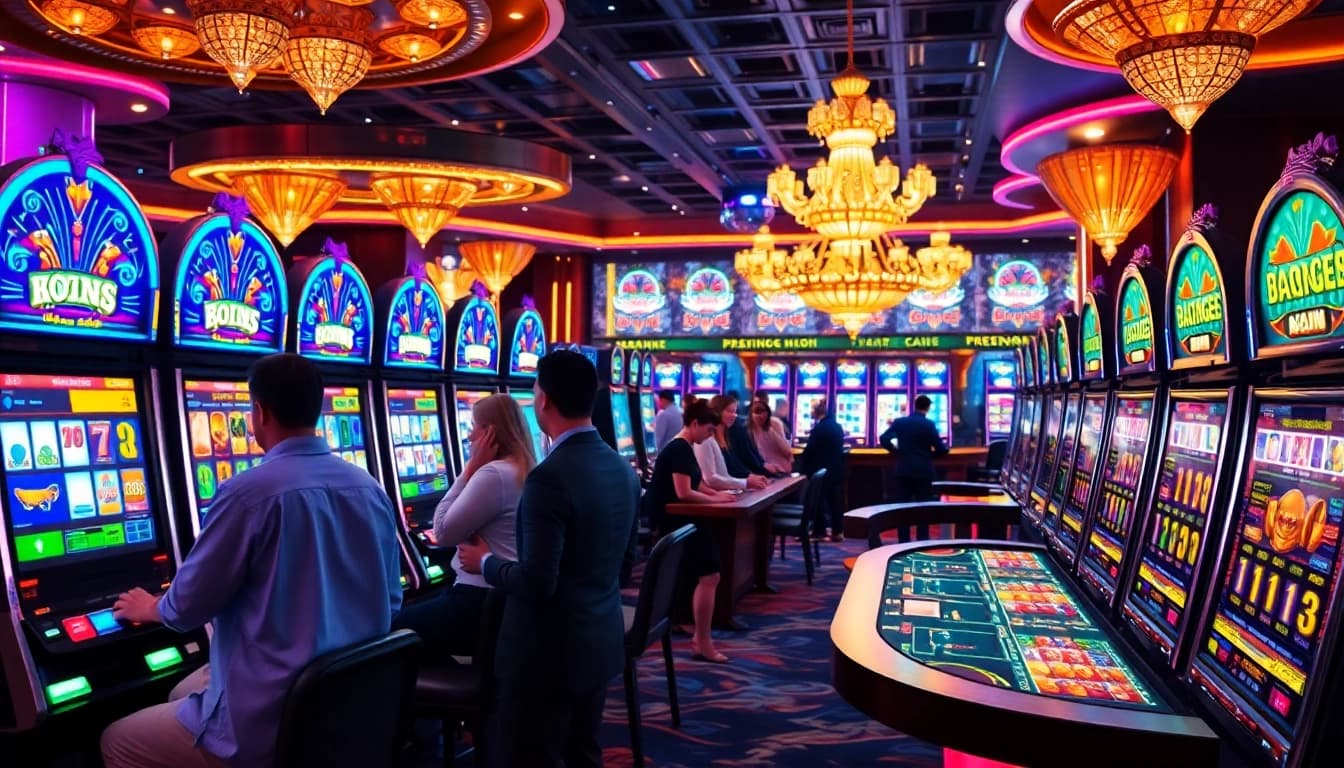 Experience the thrill of bro138 with vibrant slot machines and excited players in a luxurious casino.