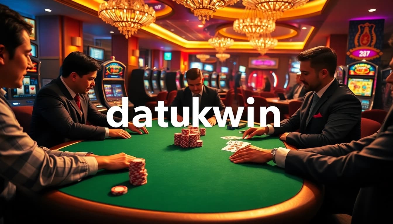Mengajak pemain bermain di meja poker dalam suasana kasino mewah yang menampilkan chip Datukwin.