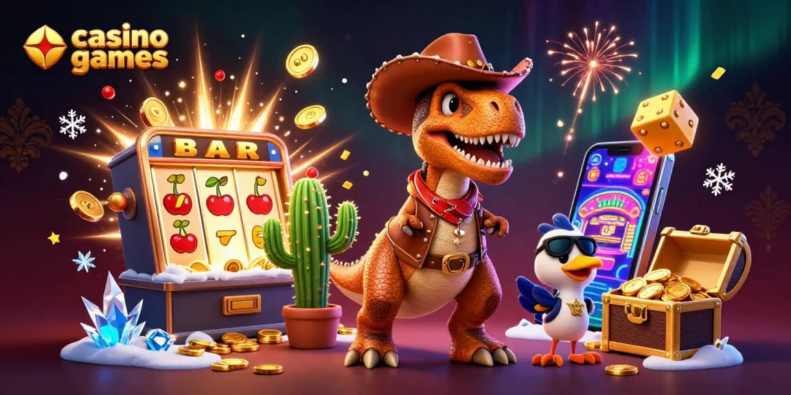 Engage with exciting casino games featuring colorful T-Rex, cactus, and roadrunner amidst vibrant slot machine chaos.