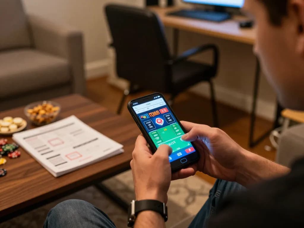 Player interacting with tg88 casino app on smartphone, analyzing poker game with strategy notes nearby