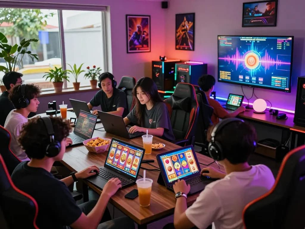 Pengalaman bermain situs slot gacor dengan pemain yang menikmati permainan slot di lounge yang hidup, suasana yang menerangi dan atmosfer yang menarik.