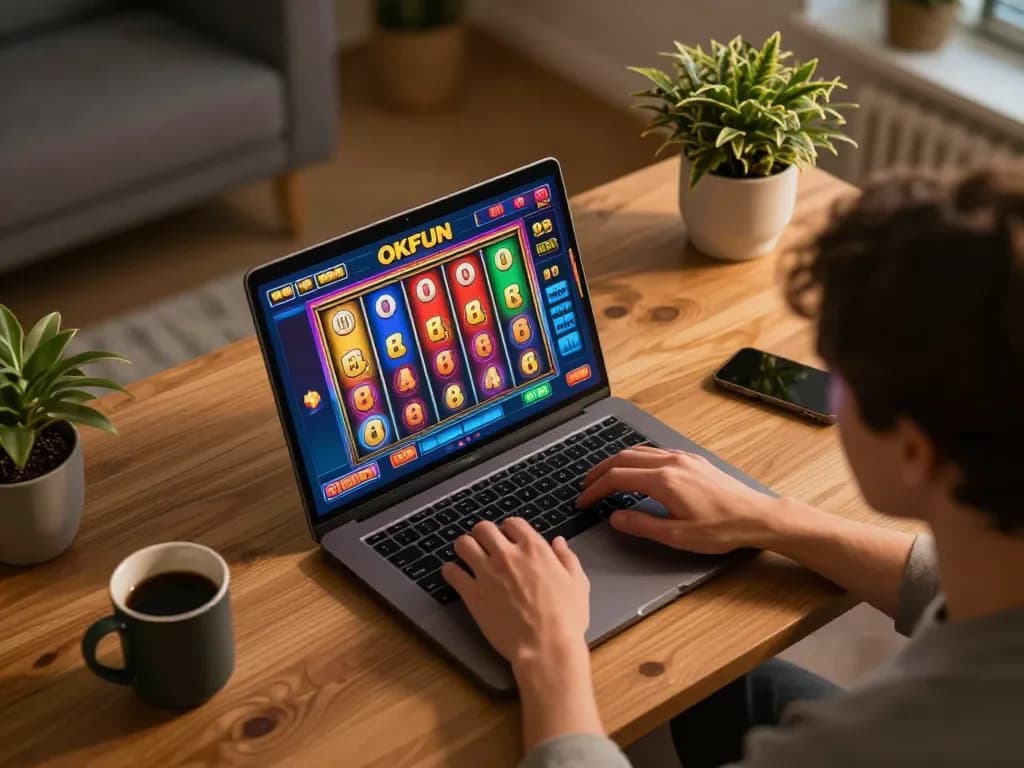 Player enjoying casino games on OKFUN platform with laptop and vibrant slot game display.