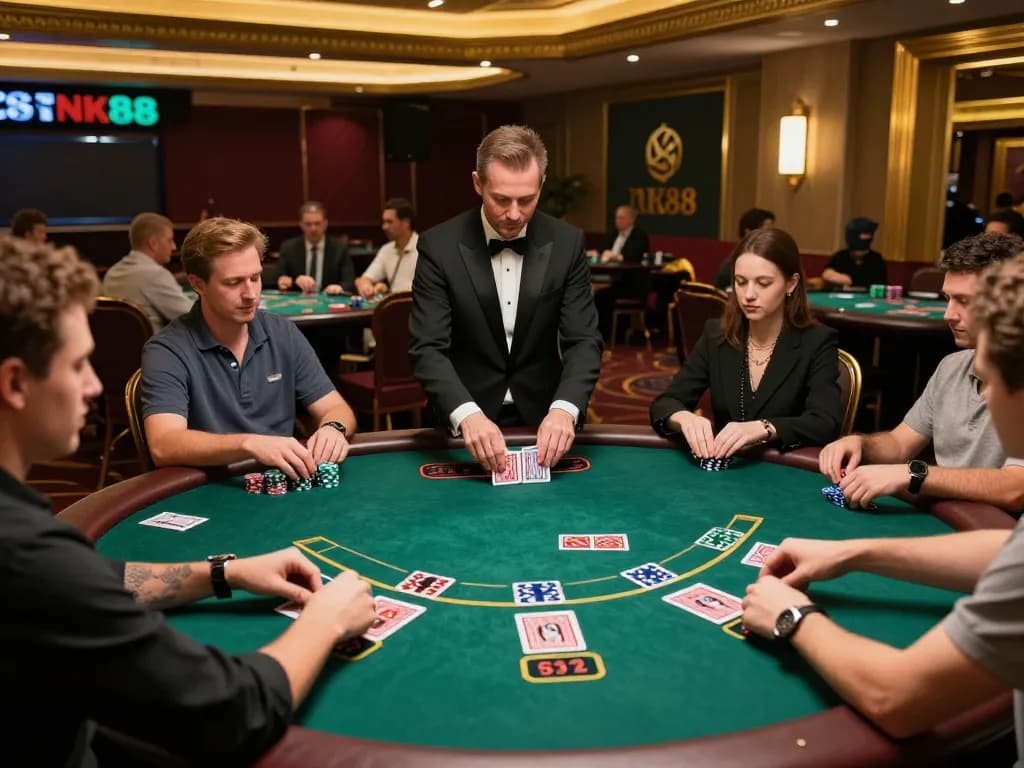 Experience thrilling blackjack gameplay at nk88 with players strategizing around a vibrant green table