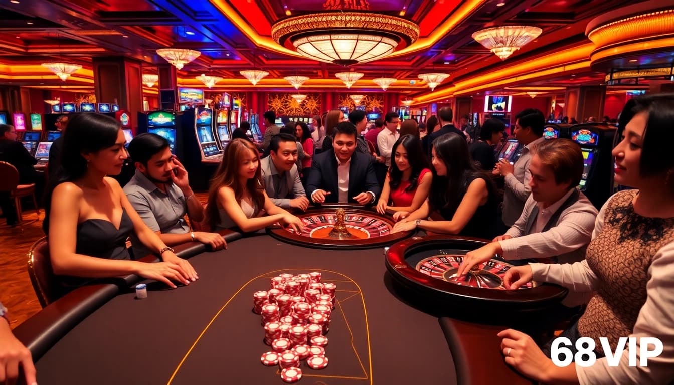 Experience thrilling gameplay with 68VIP in a luxurious casino setting filled with poker and roulette.