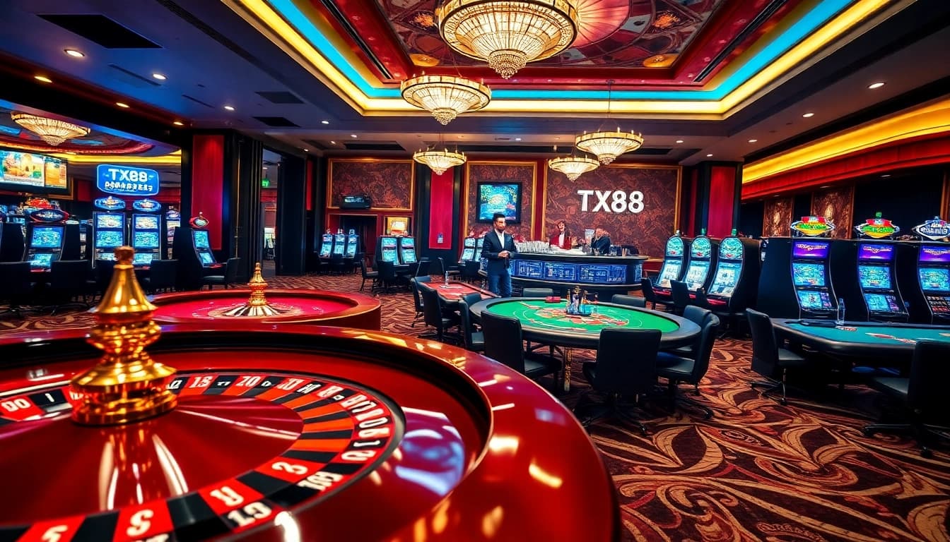TX88 vibrantly energizes casino gaming experience with roulette, poker tables, and slot machines.