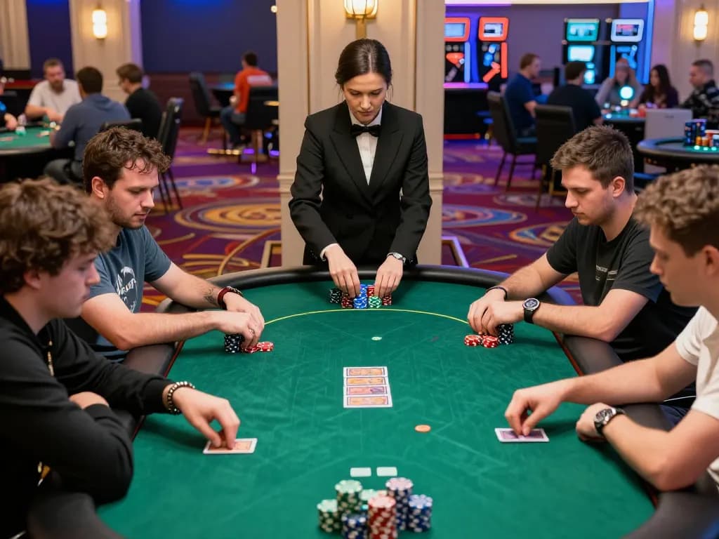 Experience intense poker gameplay at a casino as players strategize for winning hands in mm888.