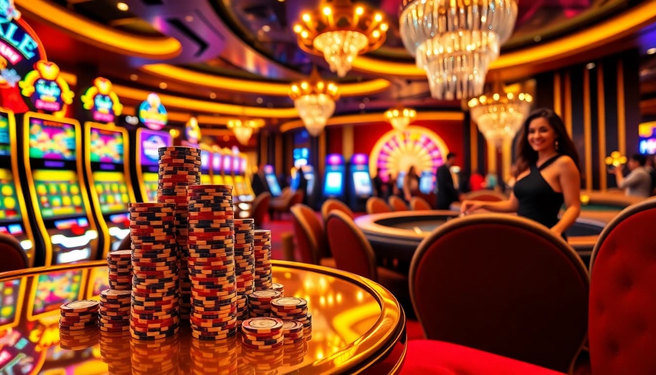 Experience excitement with luxury12 in a lavish casino setting featuring vibrant slot machines and poker chips.