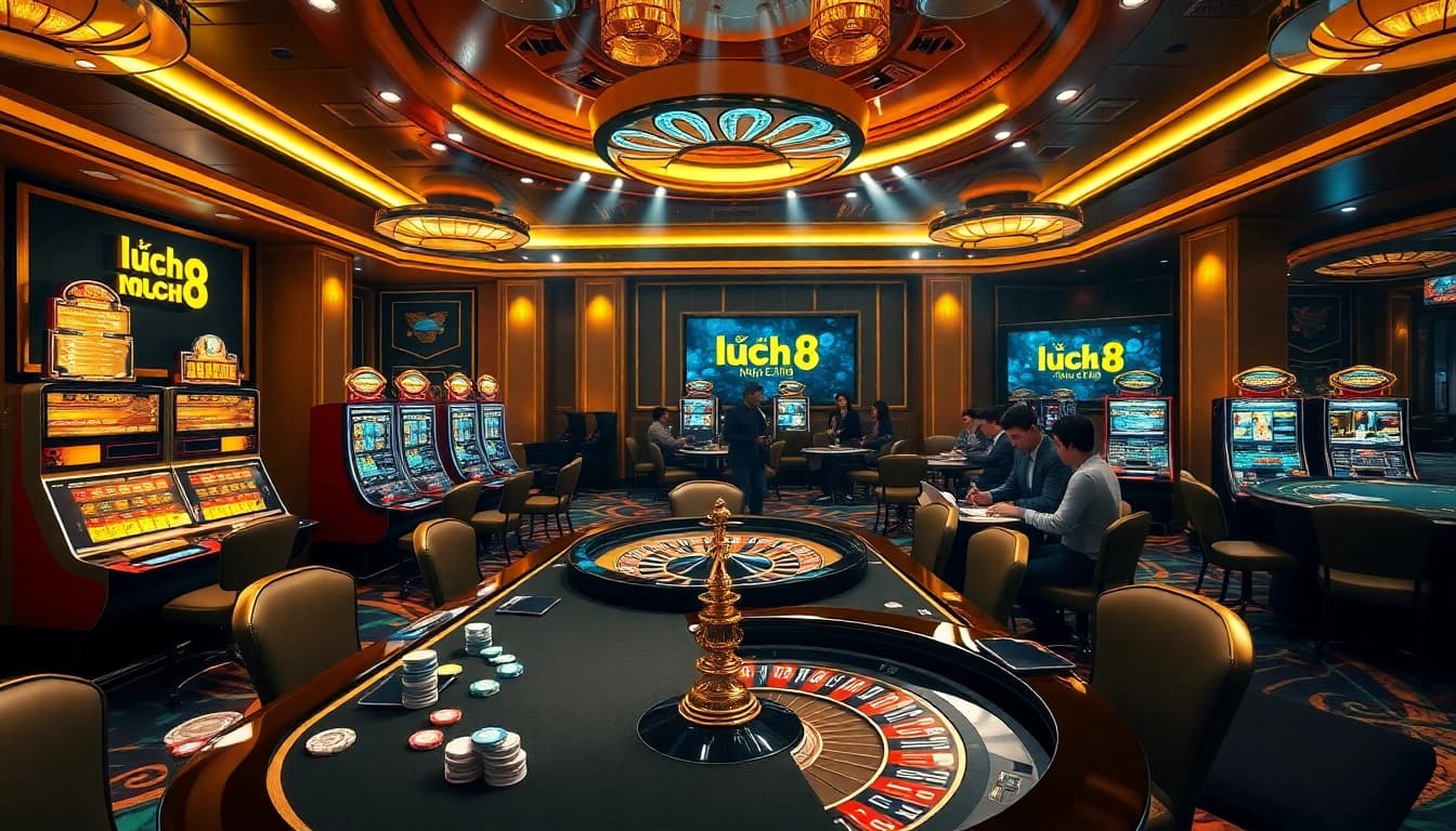 Gambling scene featuring nhà cái luck8 with players at roulette, vibrant slot machines, and poker chips.