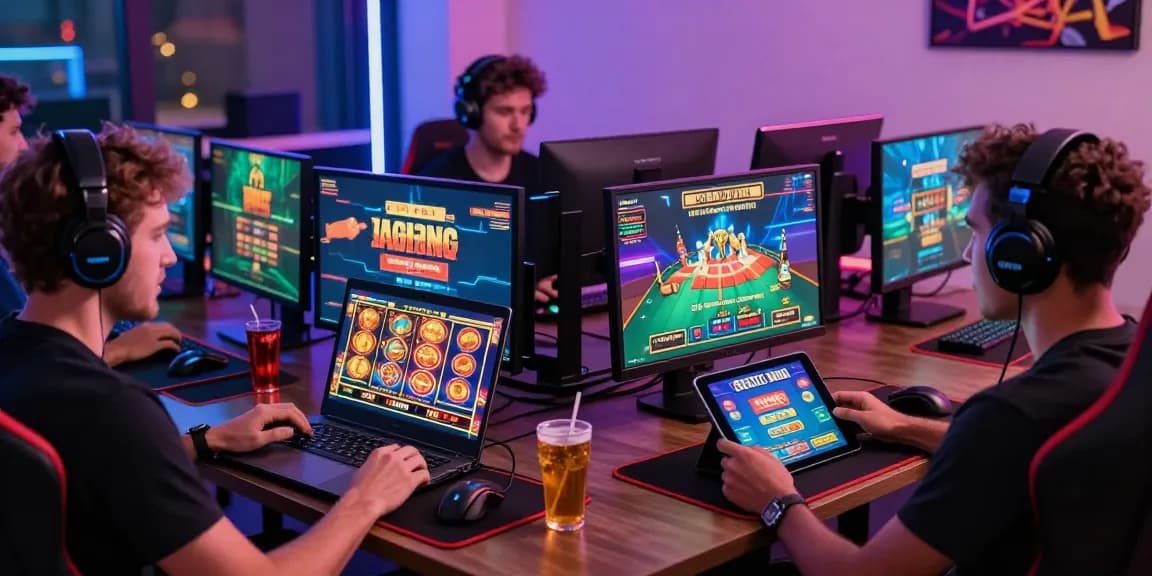 Players enjoying their favorite games at credit card casinos UK with laptops and vibrant setups, showcasing an exciting online gambling atmosphere.