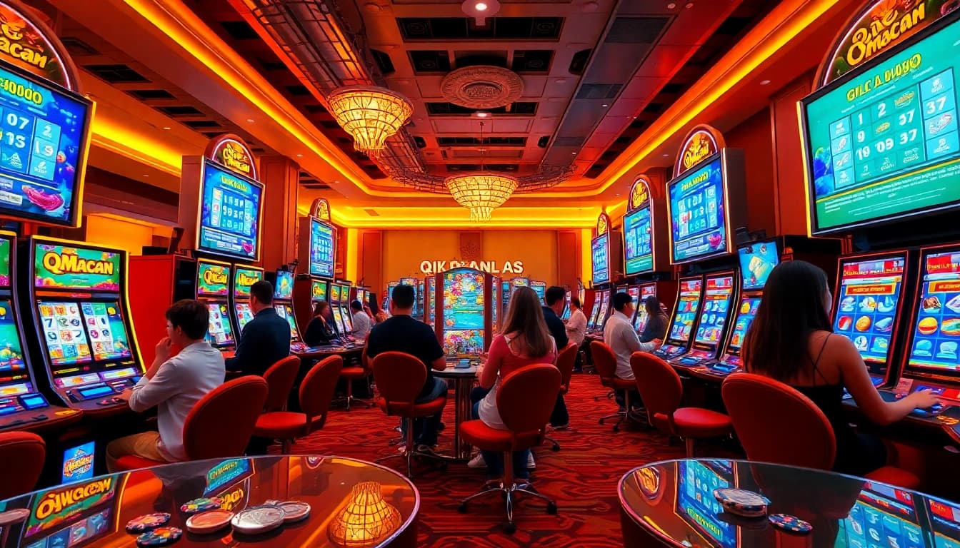 Experience the thrill of QQMacan with vibrant slot machines in an upscale casino atmosphere.