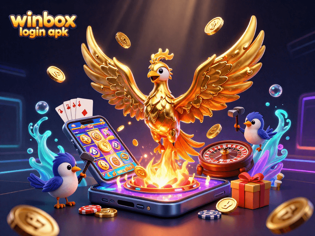 Winbox login apk featuring a golden phoenix and exciting gaming elements in vibrant 3D illustration.