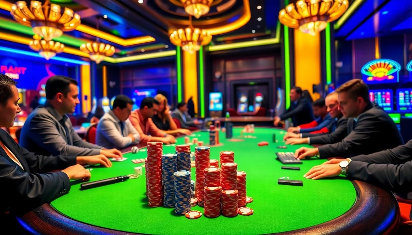 79 King players engaging in poker with vibrant chips and a lively casino atmosphere.