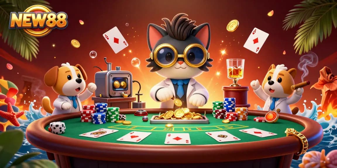 Engage in exciting poker action at NEW88 with a vibrant scene filled with winning cards and dynamic characters.