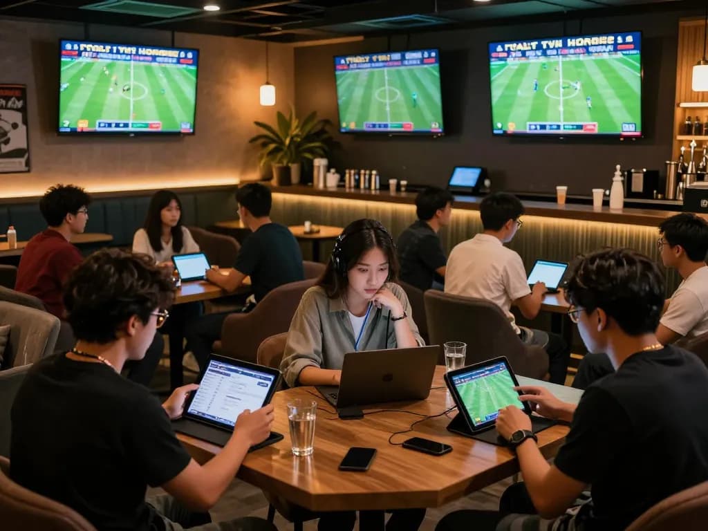 The excitement of tỷ lệ kèo nhà cái hôm nay is vividly captured in a dynamic sports betting lounge.