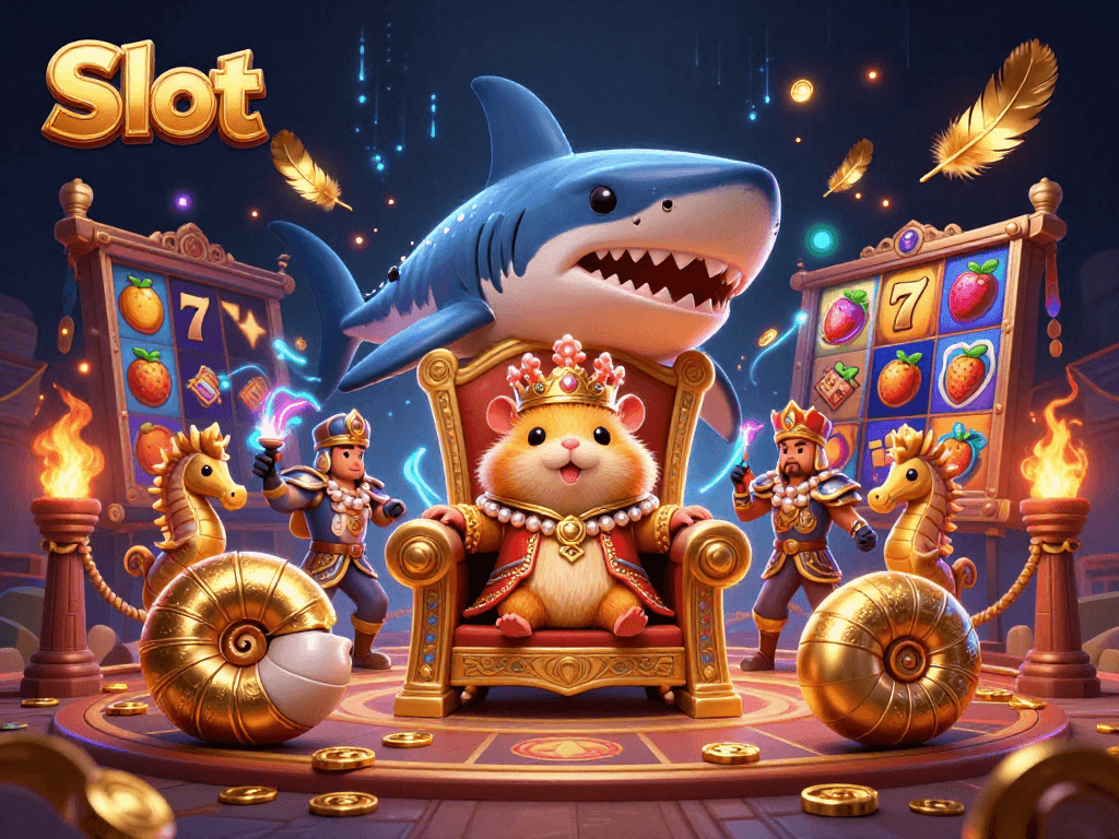 Spin the Slot reels alongside a fierce hamster king and seahorse guards in a vibrant casino scene.