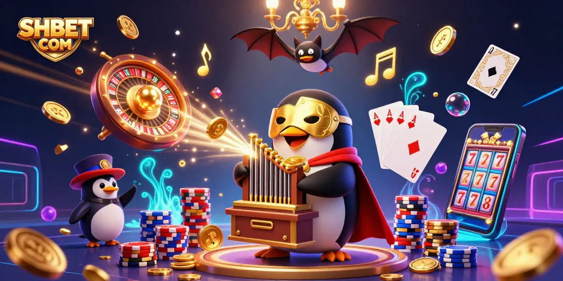 Experience SHBET COM with exciting casino action, featuring a whimsical penguin playing a gold coin organ.