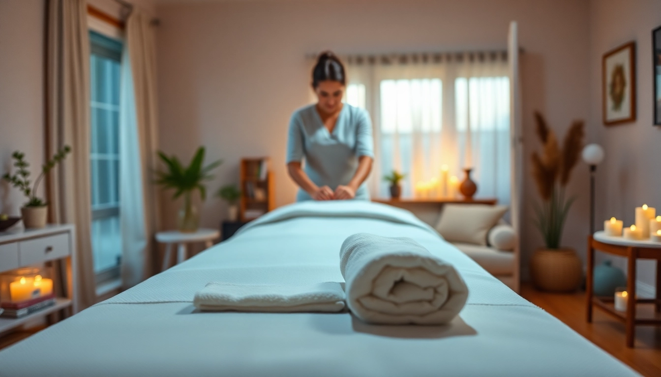 수원출장마사지 therapist setting up a cozy living room for a massage session featuring calming decor.