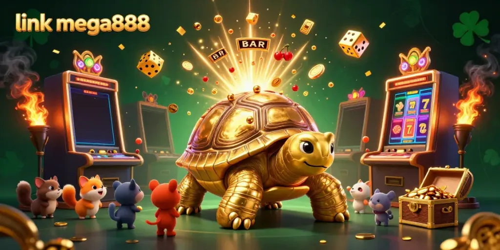 Play thrilling games with link mega888 at this bustling casino scene featuring exciting slot machines.