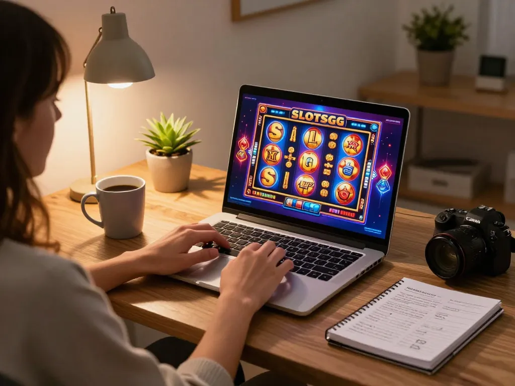 Engaging SlotsGG gameplay on a laptop in a cozy home environment, showcasing vibrant slot machines.