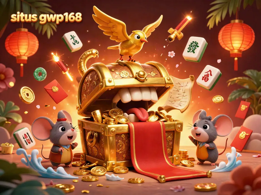 Menggoda pemain untuk meraih kemenangan dengan situs GWP168, ilustrasi 3D penuh warna dengan peti harta dan elemen perjudian.