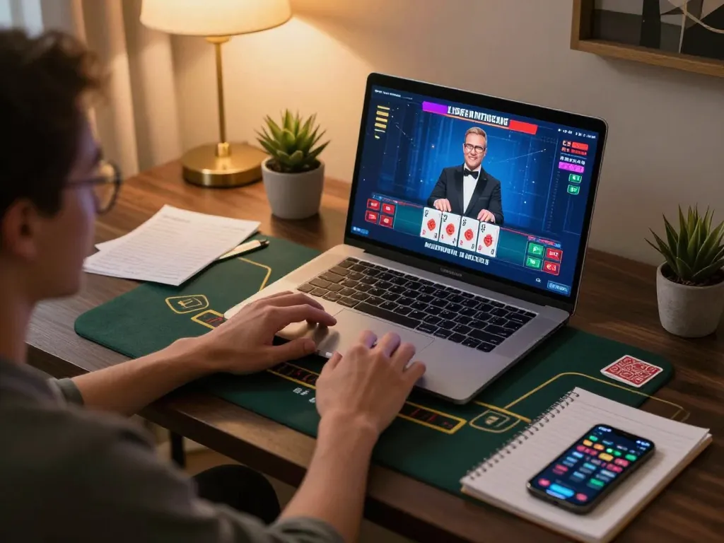 Player engaging in live dealer blackjack at tg88, showcasing strategic gameplay in a cozy home office