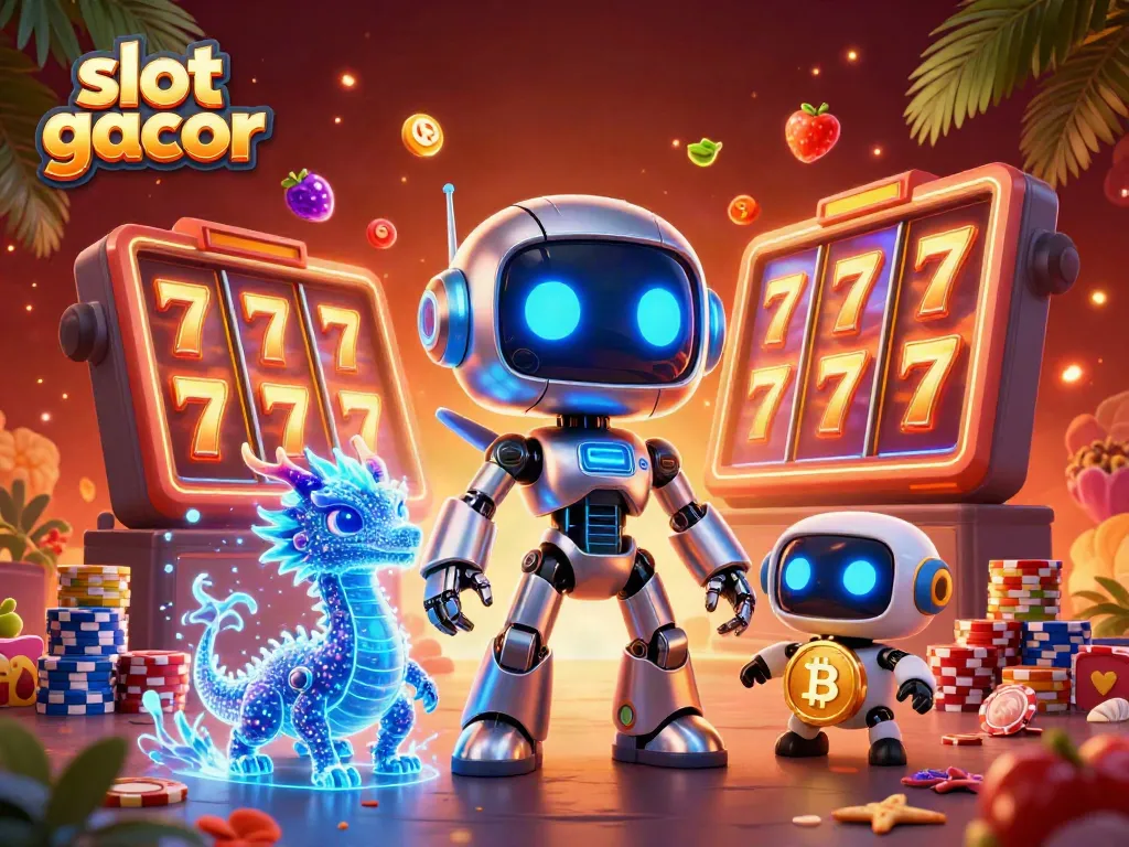 Engage with slot gacor visuals featuring a vibrant cyberpunk robot, holographic dragon, and bitcoin drone amid spinning slot reels.