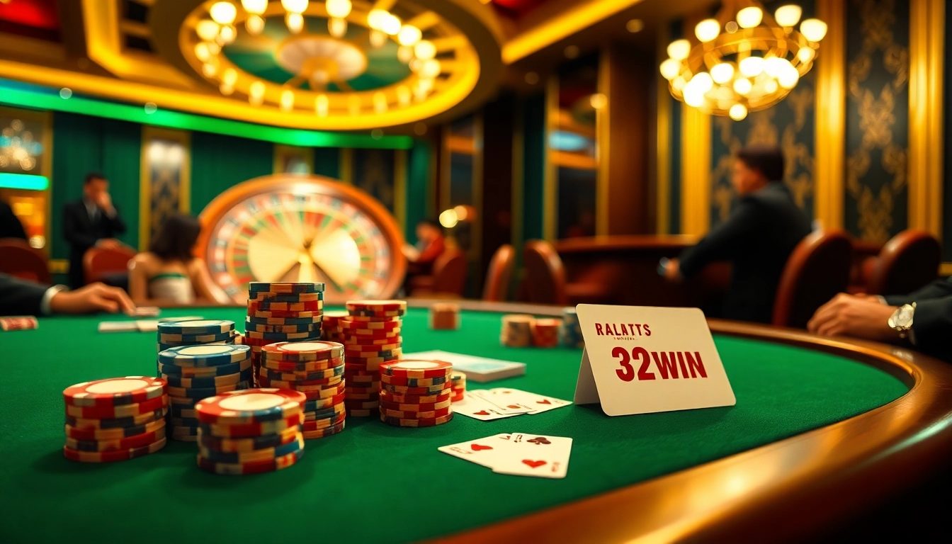 Experience 32 Win excitement at a luxurious poker table surrounded by vibrant casino elements.