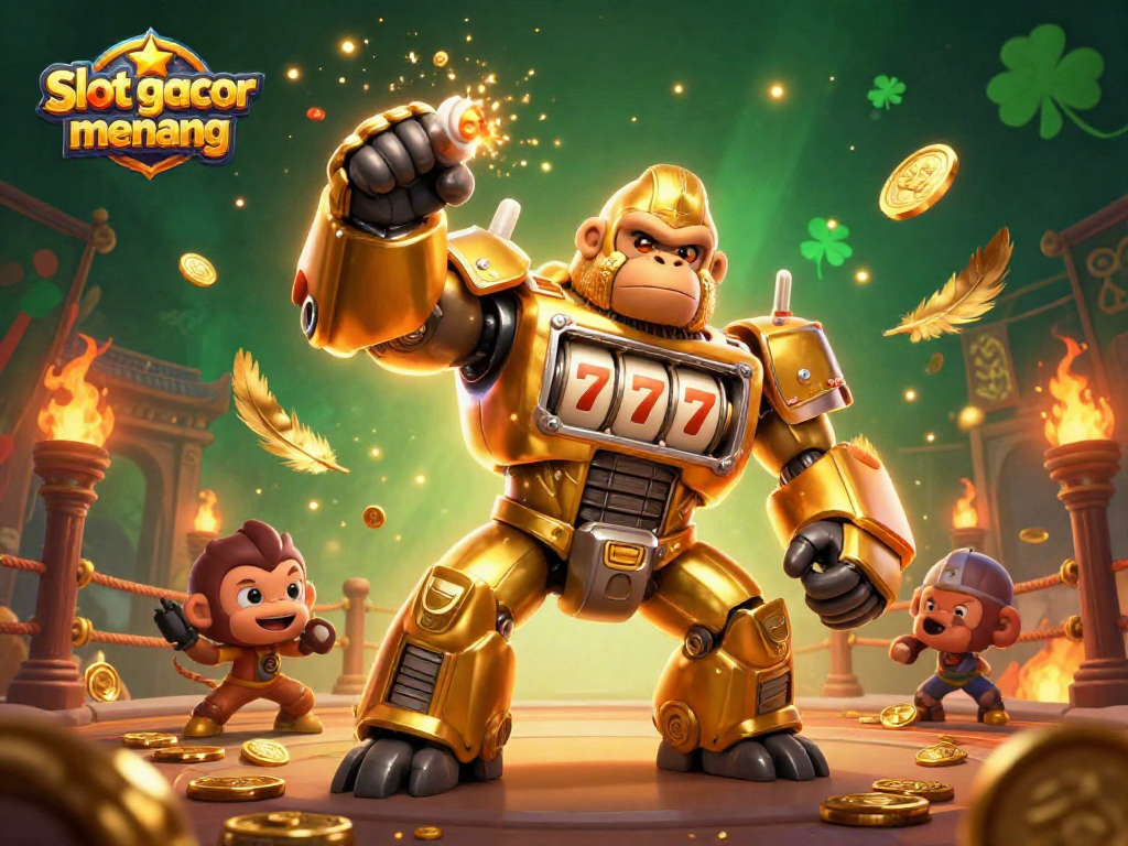Experience the excitement of slot gacor gampang menang with a golden gorilla mech and stunning casino elements.