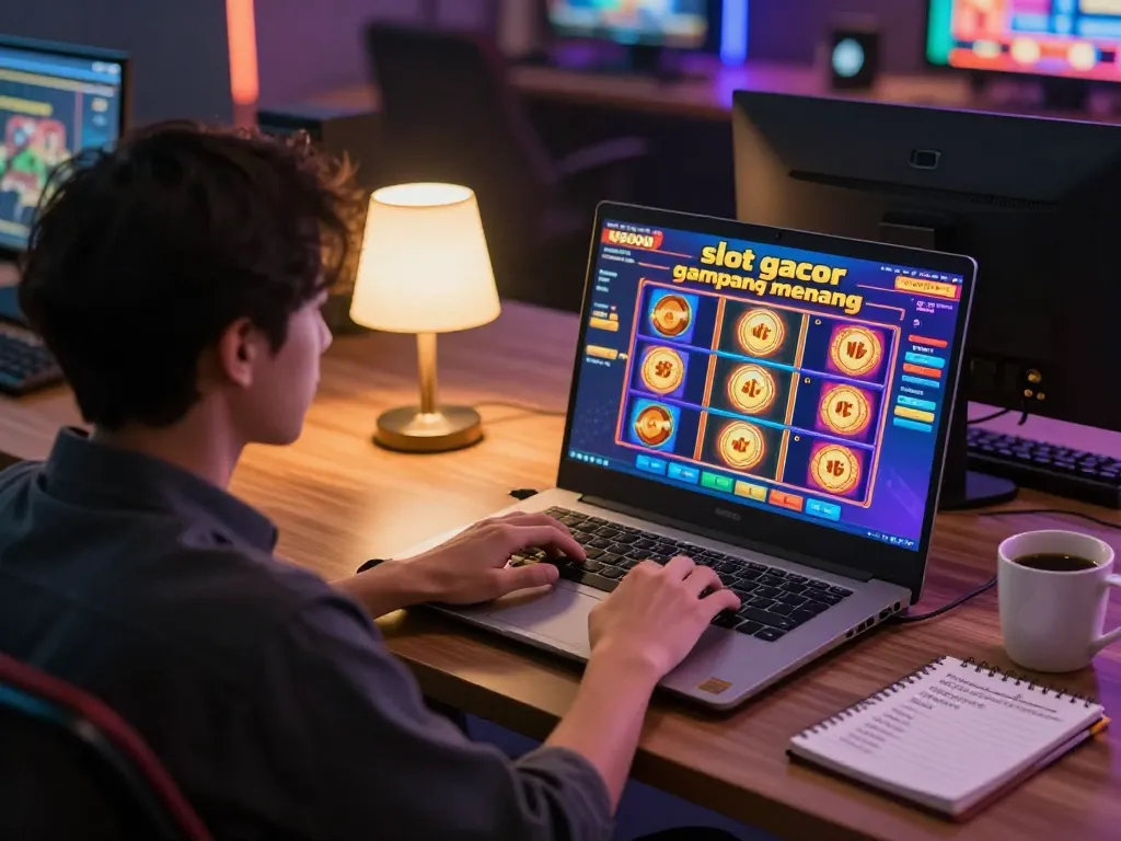 Players engaging with slot gacor gampang menang on a vibrant online gaming setup with laptops and strategy notes.