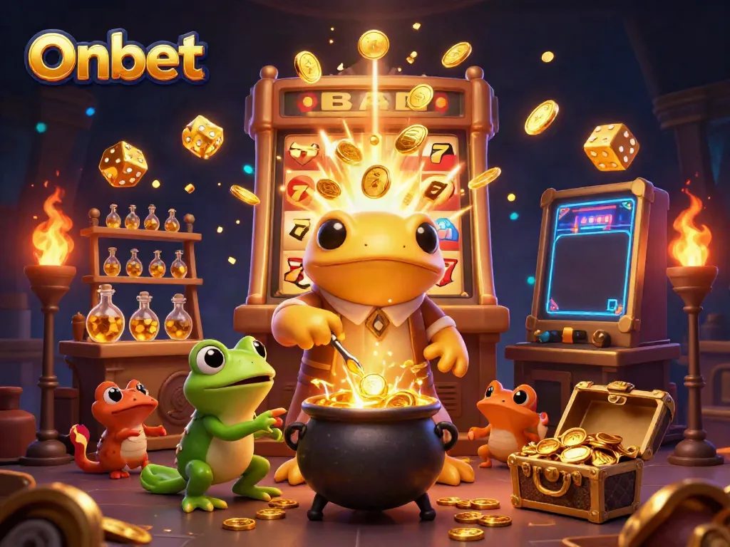 Experience the thrilling world of Onbet with a vibrant 3D alchemist scene, showcasing golden jackpots and casino games.