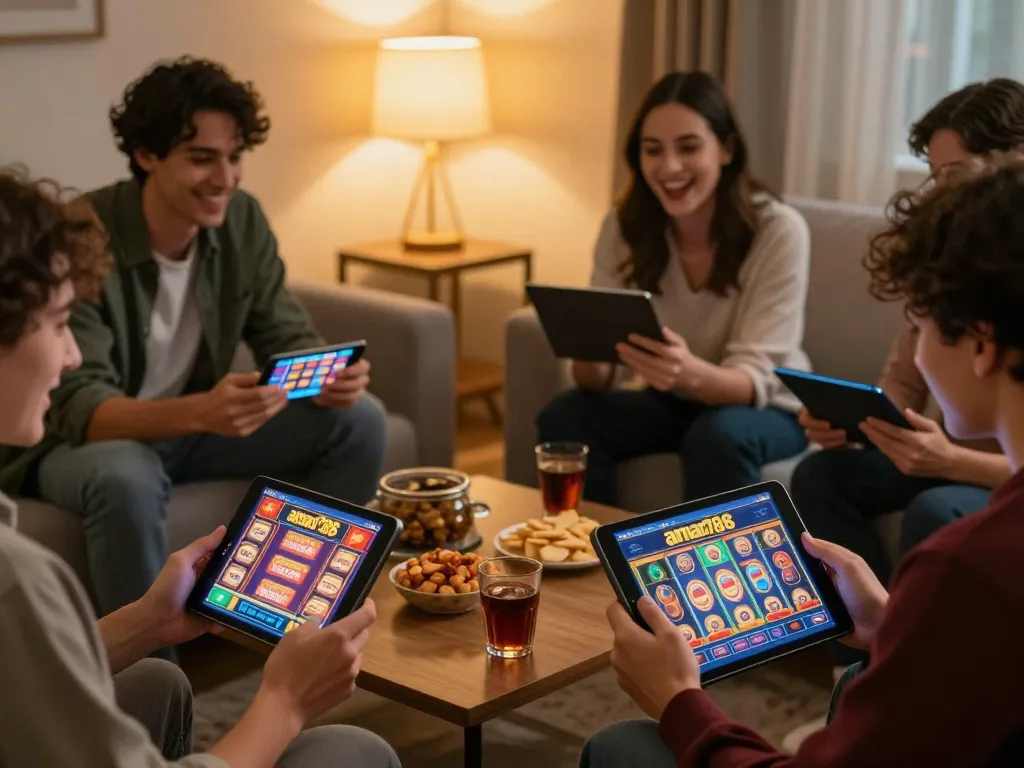 Teman-teman menikmati slot gacor aman788 di tablet di rumah, menyoroti pengalaman perjudian sosial.