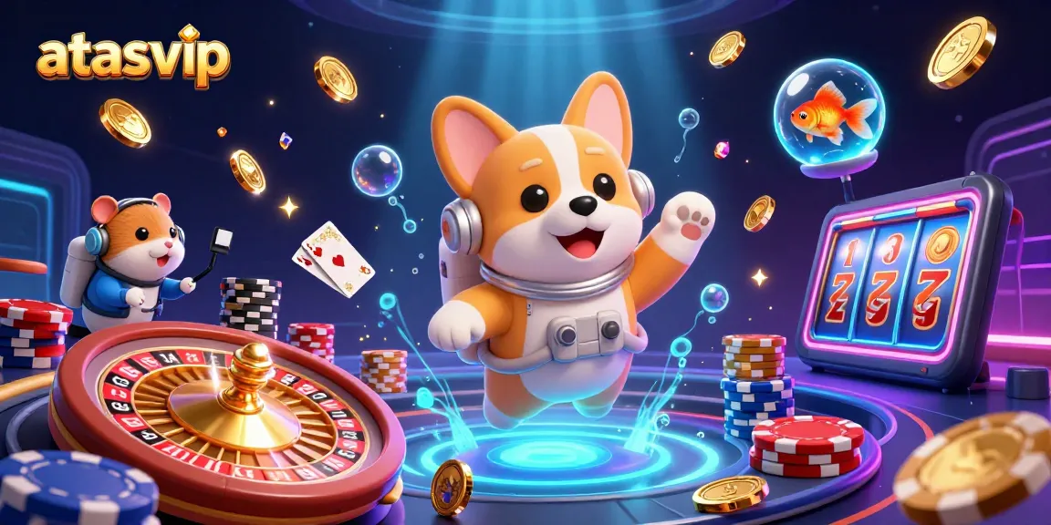 Engage with exciting games at atasvip, featuring vibrant slots, live tables, and floating casino elements.