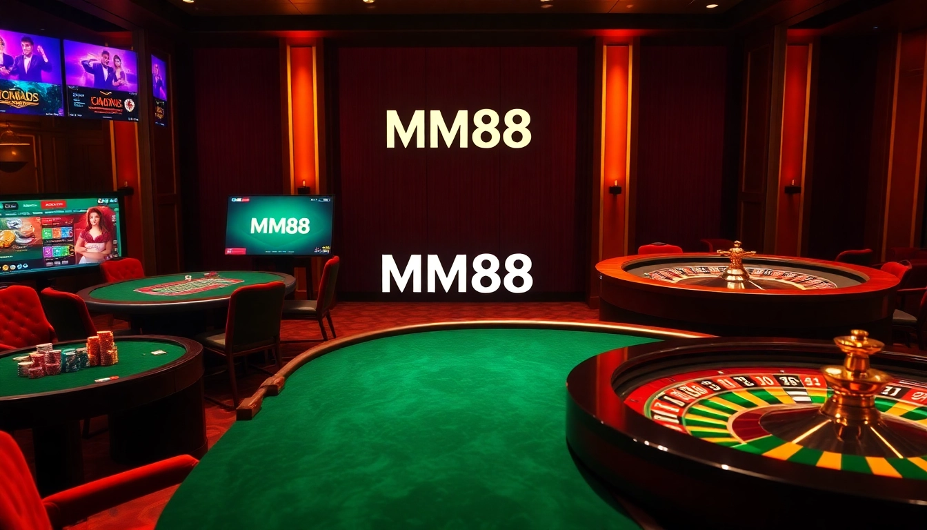 Experience high-stakes gaming at MM88 with vibrant roulette wheels and poker chips.