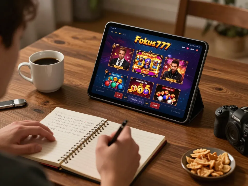 Engaging with the Fokus777 casino app on a tablet, surrounded by snacks and strategy notes.