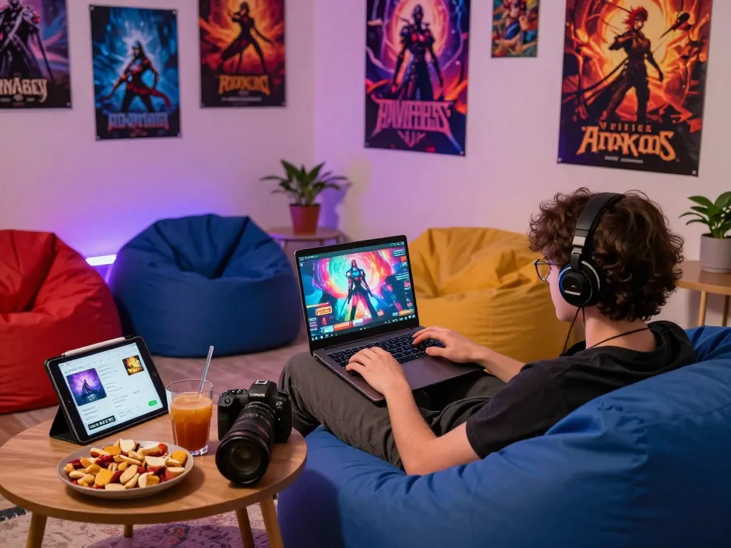 Engaged player diving into porngames on a laptop in a cozy atmosphere.