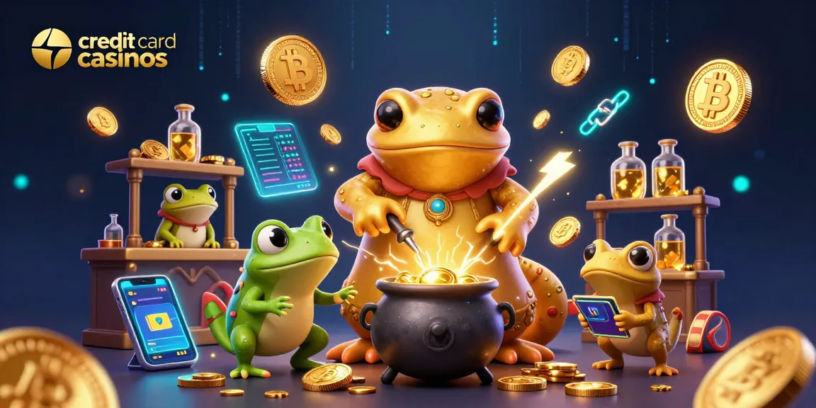 Discover the action at credit card casinos with a golden alchemist and magical elements.