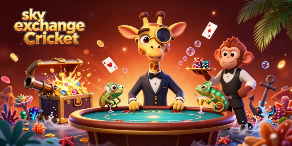Engage with sky exchange Cricket through dynamic betting with a high-roller giraffe in a casino scene filled with treasure.