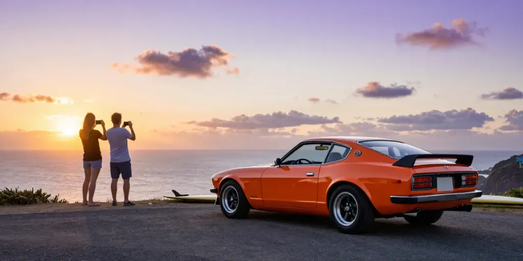 Stunning Toyota A80 platform at sunset with couple enjoying a coastal view.