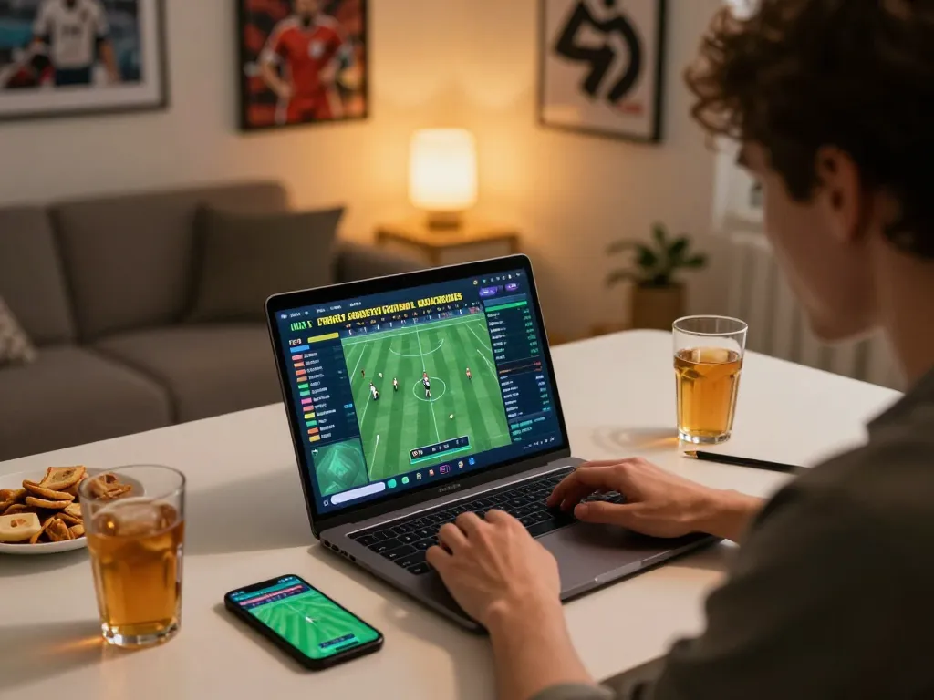 Engaging user placing bets on 789club during a live sports event in a cozy home setup