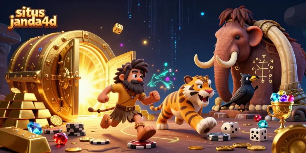 Visualisasi kasino prasejarah di situs janda4d dengan karakter lucu dan elemen permainan menarik.