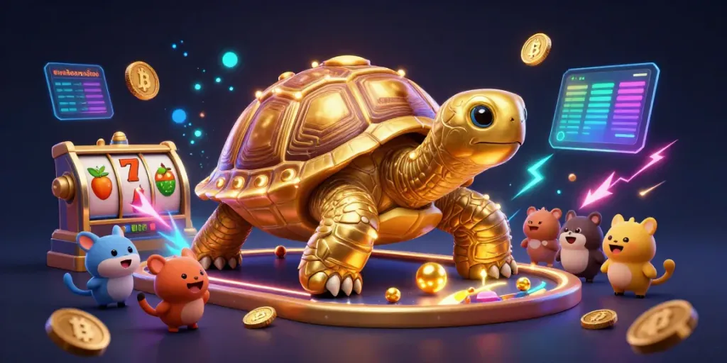 Experience the excitement of เกมสล็อตยอดนิยม with a vibrant scene of a golden tortoise pinball machine and eager animals.