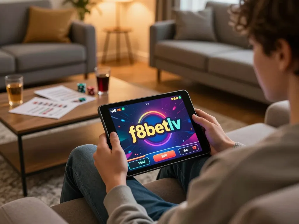 A player engages with f8betlv on a tablet in a cozy home setting while reviewing strategy notes.