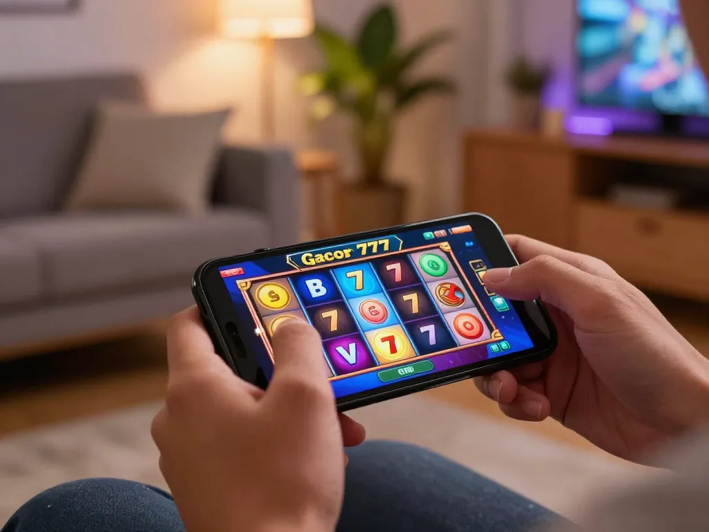 Engaging in slot gacor 777 online gaming session on smartphone in a cozy living room.