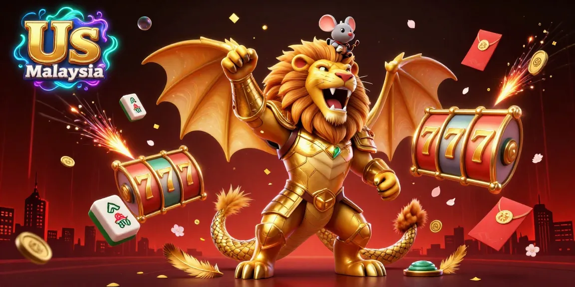 Experience vibrant excitement with Us Casino Malaysia; 3D chimera creature and lucky gaming elements.