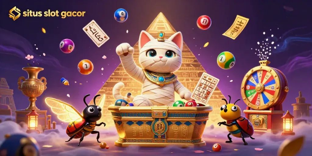 Menang di situs slot gacor dengan kucing mummy 3D meriah dan banyak elemen judi.